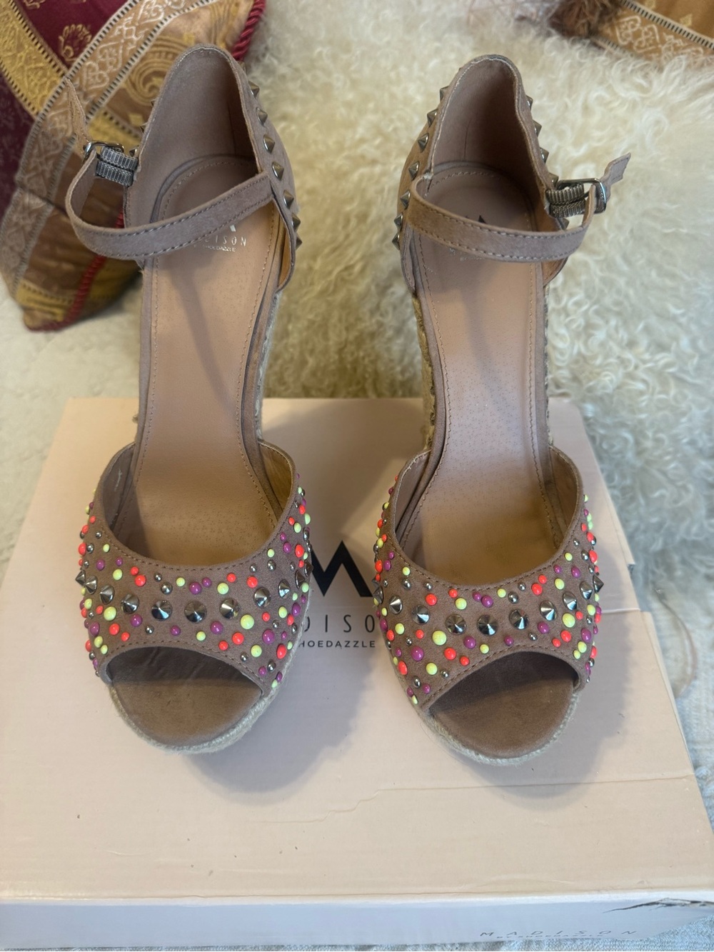 Studded Taupe Ankle-Strap Sandals with Neon Accents